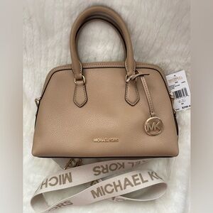 The Michael Kors SM Dome Leather Camel Tan Crossbody Satchel w/ Gold Accents NWT